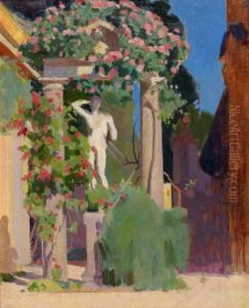 Statue Antique Devant Une Villa Oil Painting by Eugene Robert Pougheon