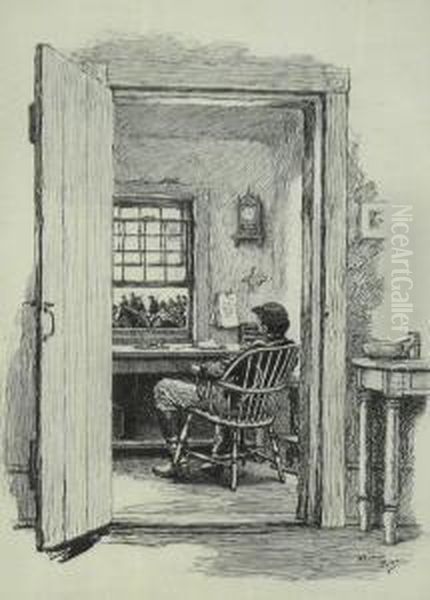 Man In Civil War Uniform Watching Troops Throgh Window. Oil Painting by Norman Mills Price
