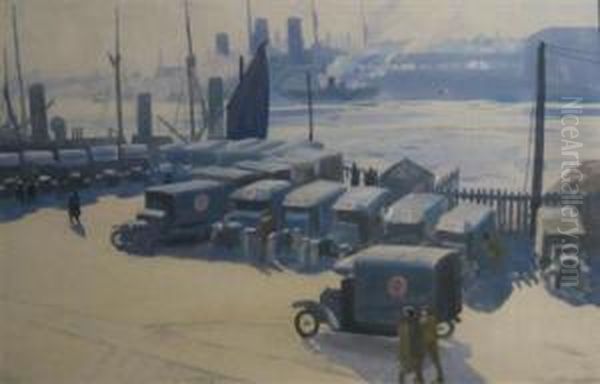 Army Ambulances By The Docks Oil Painting by Ernest Procter