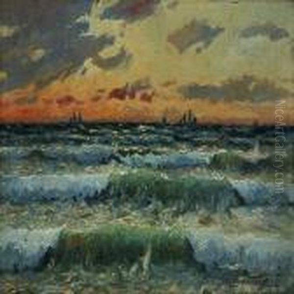 Breakers At Sunset Oil Painting by Victor H.W. Qvistorff