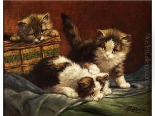 Drei Katzchen Auf Einem Tuch Neben Einem Nahkorb Spielend Oil Painting by Cornelis Raaphorst