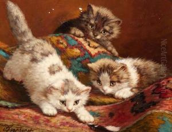 Three Playfull Kittens With A Feather Oil Painting by Cornelis Raaphorst
