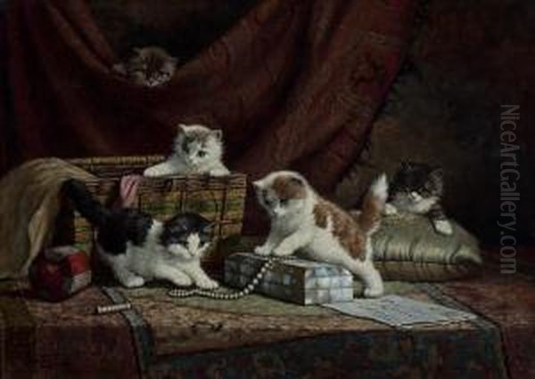 Five Playfull Kittens Oil Painting by Cornelis Raaphorst