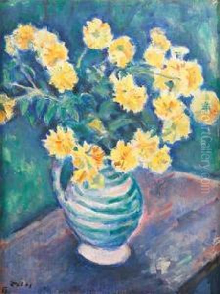 Still Life With Yellow Flowers In A Vase Oil Painting by Vaclav Rabas