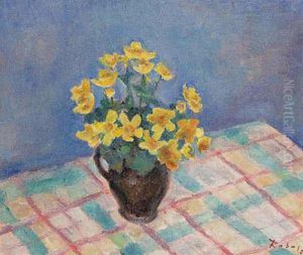 A Bouquet Of Yellow Flowers In A Jug Oil Painting by Vaclav Rabas