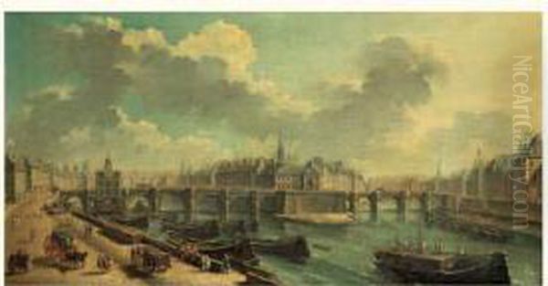 Vue Du Pont Neuf Avec La Samaritaine, Et L'ile De La Cite Oil Painting by Nicolas Raguenet