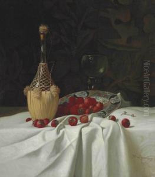 Still Life With Wine Bottle And Strawberries Oil Painting by Milne Ramsey