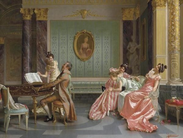 The Recital Signed 'v Reggianini' Oil Painting by Vittorio Reggianini