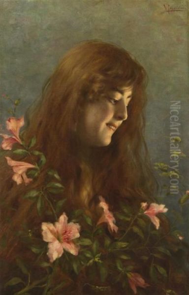 Young Girl With Flowers Oil Painting by Vittorio Reggianini
