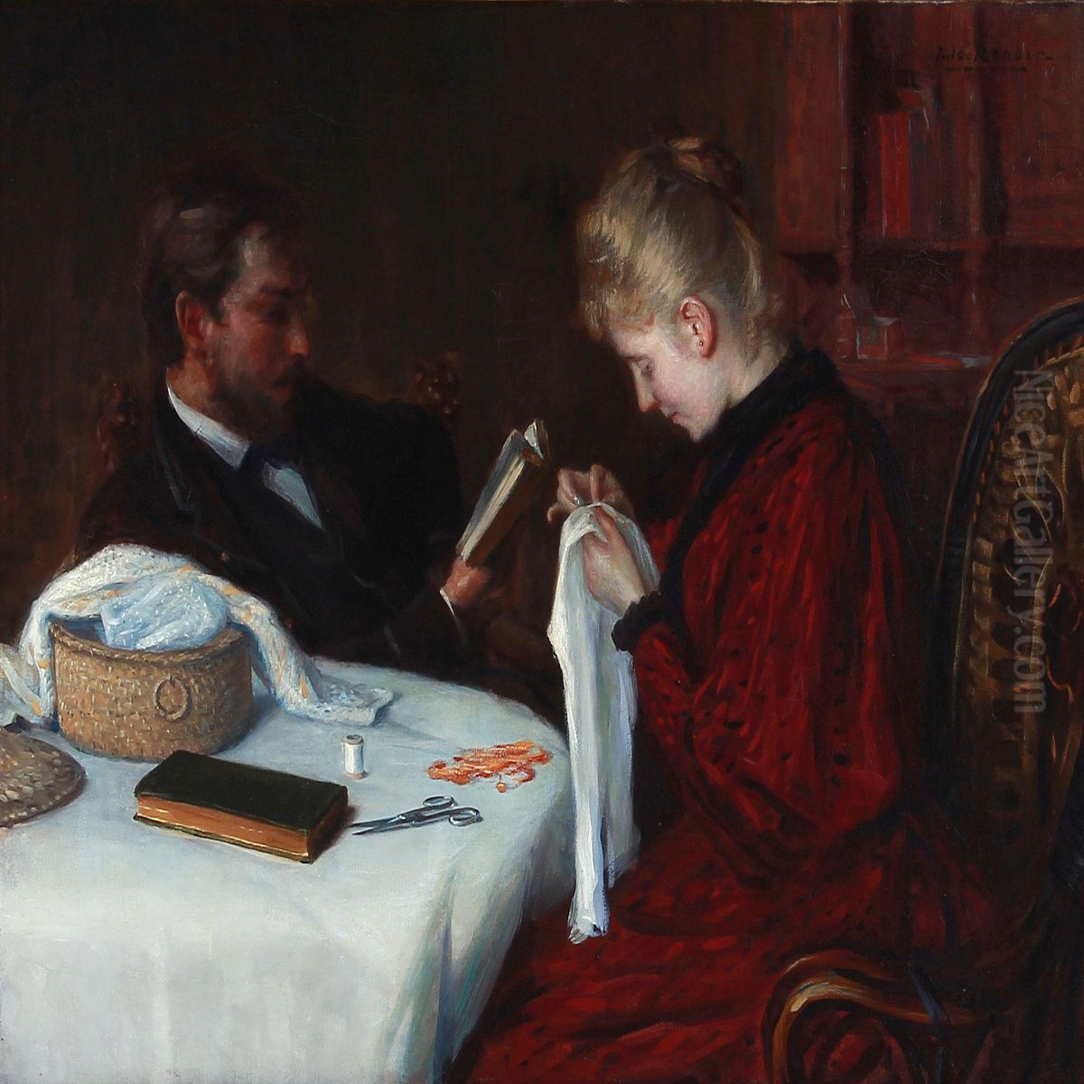 A Young Married Couple Around A Table In The Living Room Oil Painting by Julius Christian Rehder