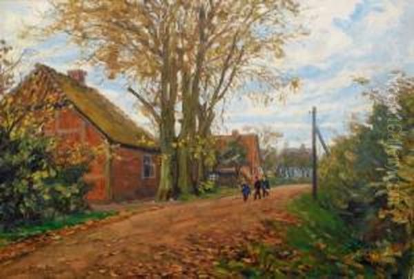 Dorfstrase Mit Kindern Oil Painting by Julius Christian Rehder
