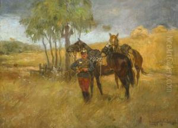Lovasjaror Oil Painting by Ede Lengyel Reinfuss