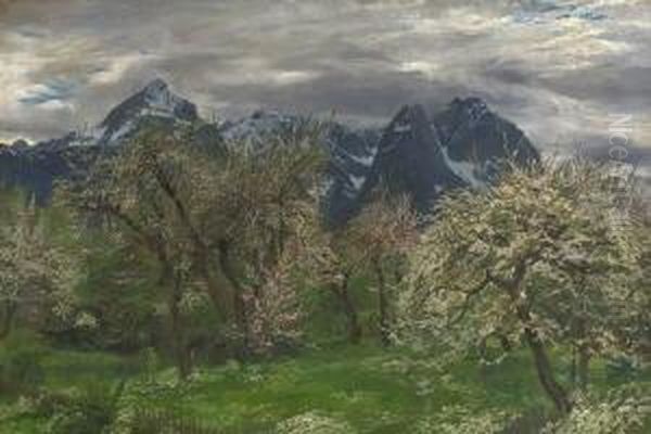 Fruhlingshafte Gebirgslandschaft
 Mit Blick Auf Alp- Und Zugspitze. Oil Painting by Carl Reiser