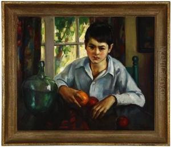 Portrait Of A Boy Holding Fruit Before A Window Oil Painting by John Hubbard Rich