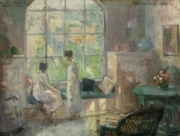 Two Women In An Interior Oil Painting by John Hubbard Rich