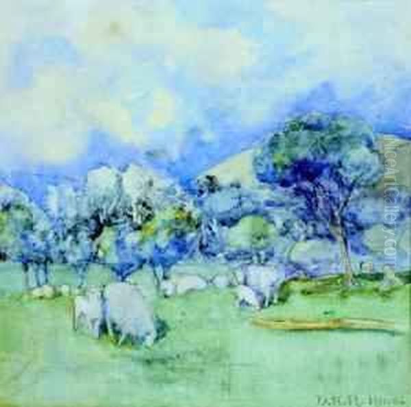 Untitled - Pastoral Scene With Grazingsheep Oil Painting by Dorothy Kate Richmond