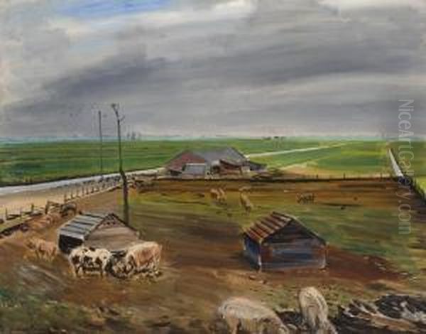 Pigfarm In A Polder Landscape Oil Painting by Marius J. Richters