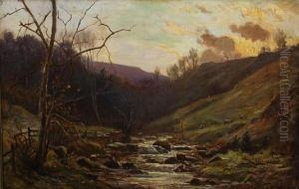 Sheep By Mountain Stream At Dusk Oil Painting by Ernest Higgins Rigg