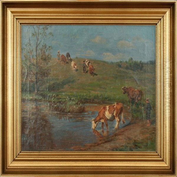 Scenery With Cows And Boys. Signed G. Rode Oil Painting by Gotfred Rode