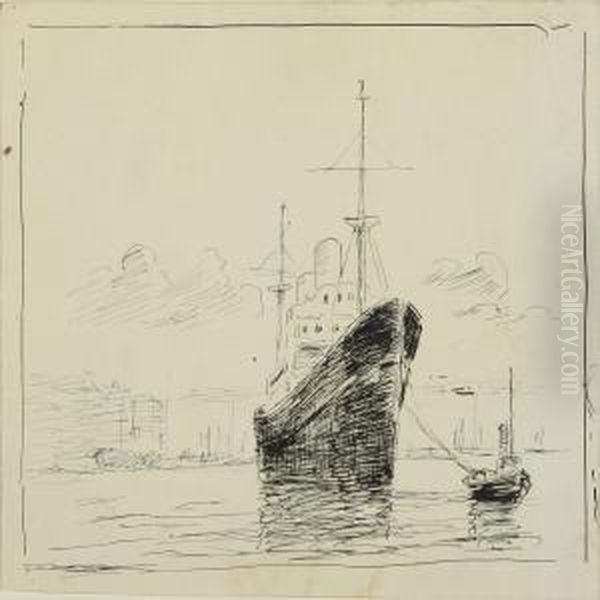 The Steamer Ismanoeuvred Out Of The Habour Oil Painting by Johan Rohde