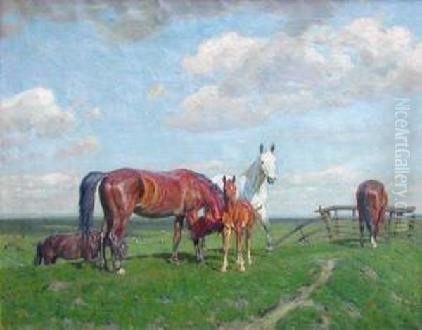 Weitesommerliche Weidelandschaft Mit Pferden Oil Painting by Alfred Roloff