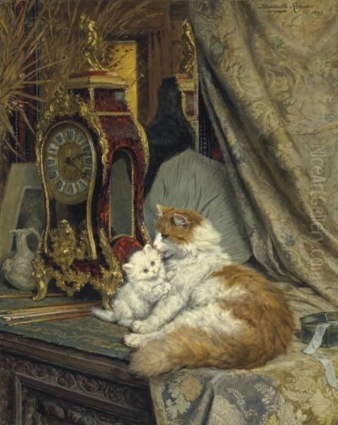 A Mother Cat And Her Kitten With A Bracket Clock Oil Painting by Henriette Ronner-Knip