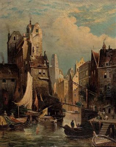 Belebter Kanal In Einer Stadt Oil Painting by Eva Roos