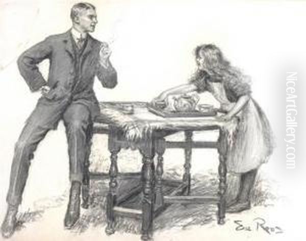 Interior, A Cup Of Tea Sir. Signed. Charcoal. Unframed. 18 X23ins Oil Painting by Eva Roos