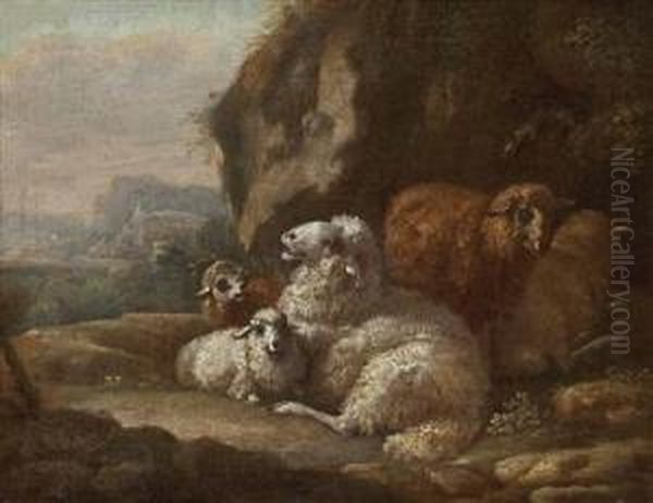 Schafe Unter Felsen Ruhend Oil Painting by Johan Heinrich Roos