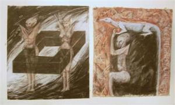 Diptyque - Personnages, Formes Et Animal. 1986 Oil Painting by Max Eugen Roth