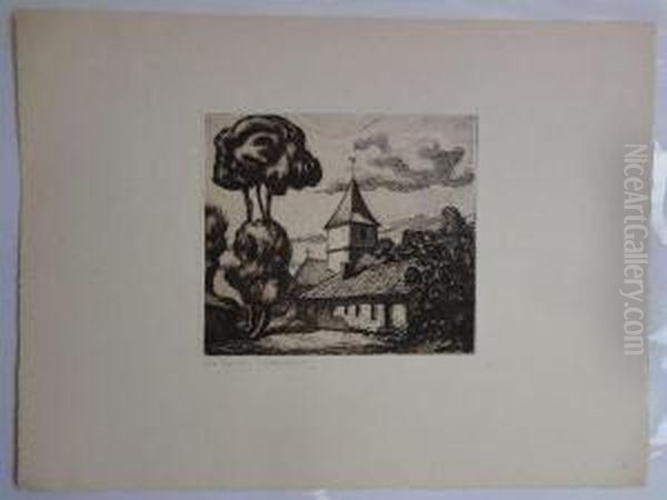 [cour De Ferme ; Eglise De Campagne]. Oil Painting by Joseph-Victor Roux-Champion