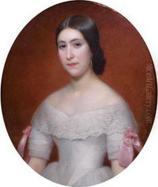 Portrait De Jeune Fille En Robe Blanche Ornee D'une Rose Oil Painting by Sophie, Nee Fremiet Rude