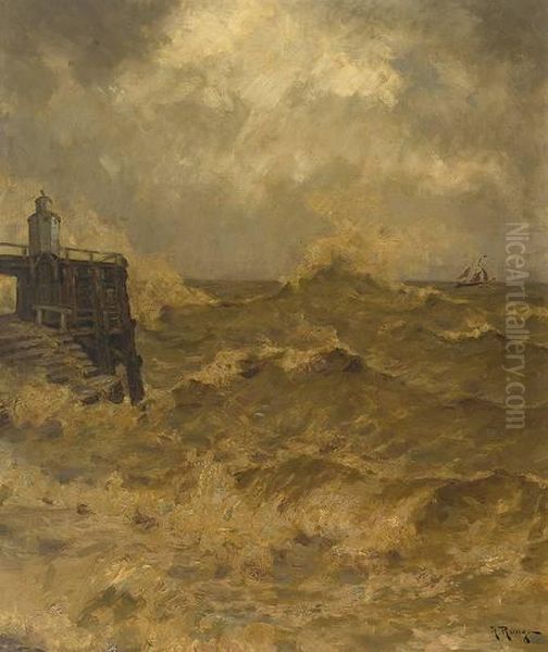 Die Alte Liebe. Hafenbollwerk Bei Cuxhafen Bei Sturmflut Oil Painting by Ludwig Fried. Julius Runge