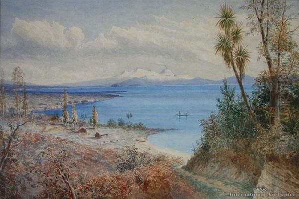 Lake Taupo With Mountains Beyond Oil Painting by Thomas Ryan
