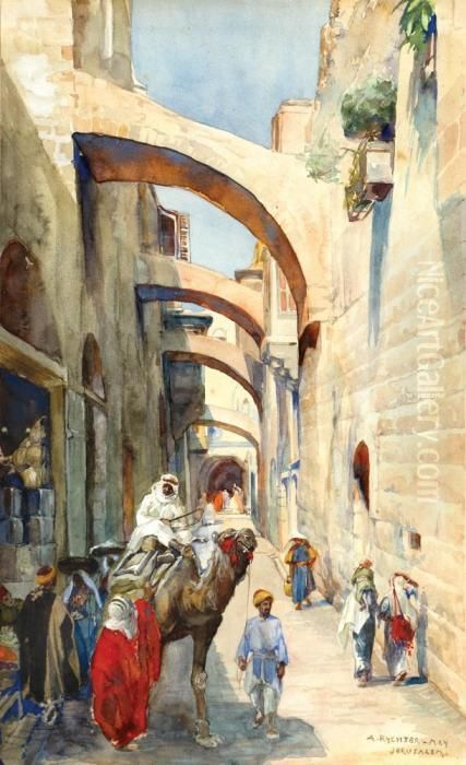 Figures On The Via Delarosa Oil Painting by Anna Rychter-May
