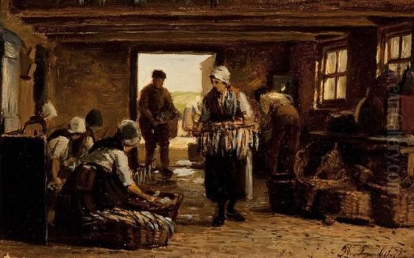 Fisher Women From Scheveningen In A Smoking Shed Oil Painting by Philippe Lodowyck Jacob Sadee