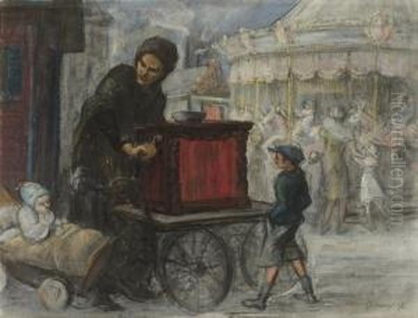 Femme Jouant A L'orgue De Barbarie Avec Sa Famille Devant Uncarrousel Oil Painting by Louis Henri Salzmann