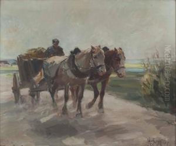 Pferdefuhrwerk Oil Painting by Hermann Sattler