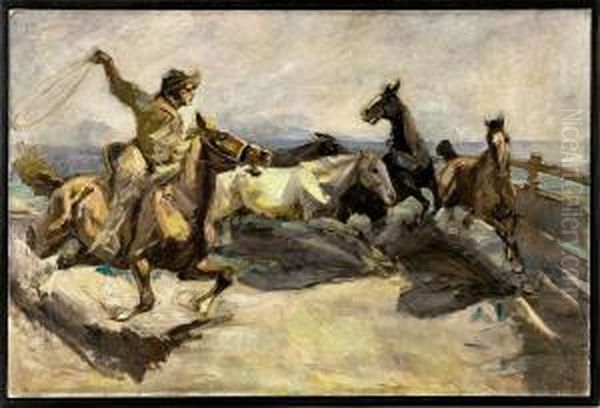 Cowboy Beimeinfangen Von Pferden Oil Painting by Hermann Sattler