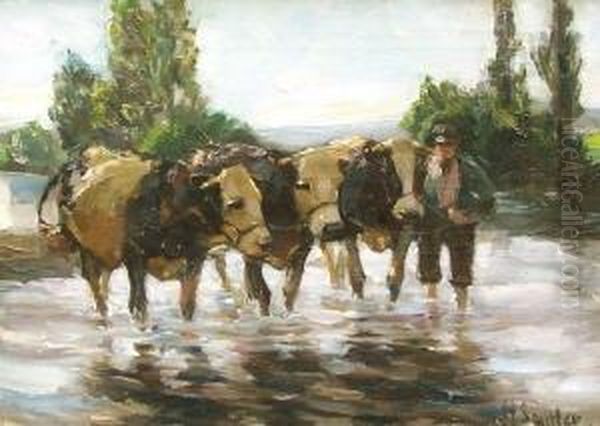 Drei Kuhe Und Hutebub An Der Tranke Oil Painting by Hermann Sattler