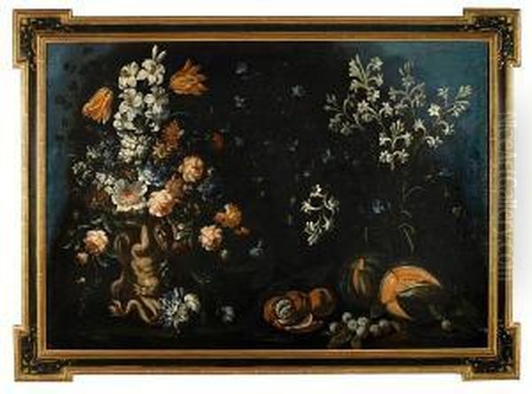 A Still Life Of Flowers And Fruit Oil Painting by Andrea Scacciati I