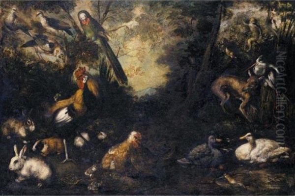 A Woodland Clearing With Ducks, A Fox, Rabbits, A Tortoise, Monkeys, A Parrot, Heron, Jay And Other Birds Oil Painting by Andrea Scacciati I