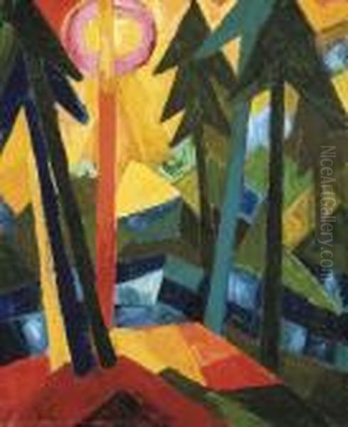 Wald (mit Sonne) Oil Painting by Fritz Schaefler