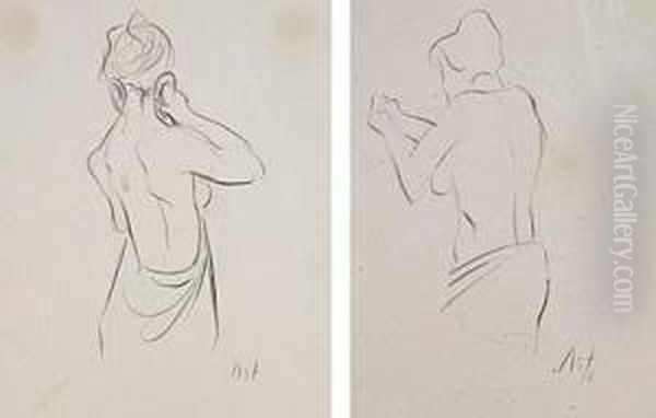 2 Zeichnungen, Aktstudien Im Bad Oil Painting by Albert Schafer-Ast