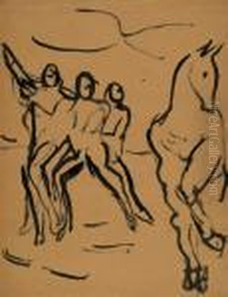 Pferd Und Drei Junge Manner Oil Painting by Edwin Scharff