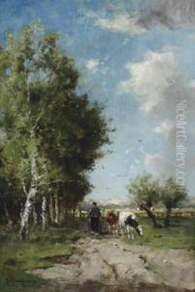 Herding The Cows On A Sunny Day Oil Painting by Johan Frederik Corn. Scherrewitz