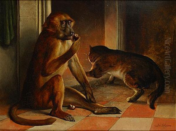Singe Et Chat Pres Du Feu Oil Painting by Joseph, Jos. Schippers