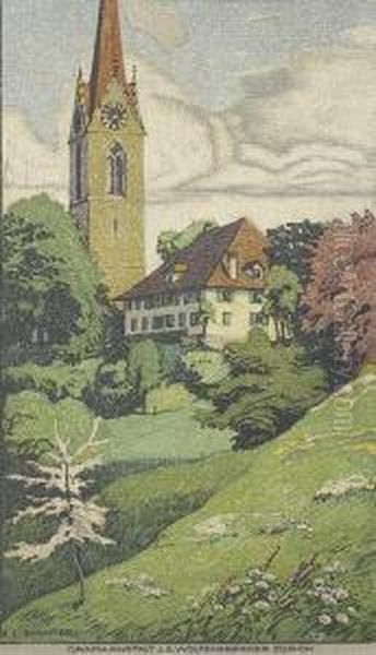 Kirche Und Pfarrhaus. Oil Painting by Ernst Emil Schlatter