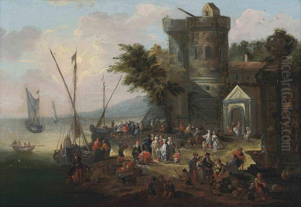 A Coastal Landscape With Elegant Company On The Shore, Shipping Beyond Oil Painting by Mattijs Schoevaerdts
