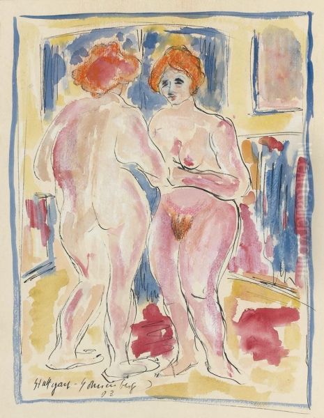 Femme Nue De Dos Se Regardant Dans Un Miroir Oil Painting by Arnold Schonberg